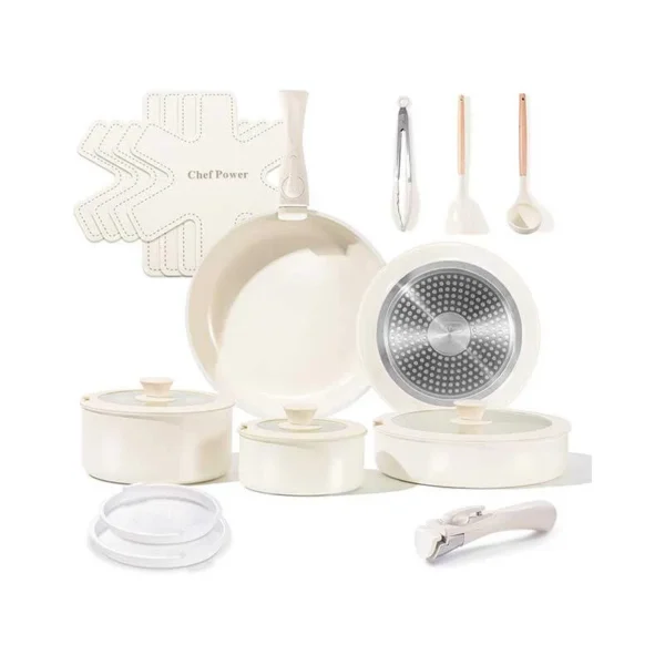 Ceramic Cookware Set with Detachable Handles, Healthy Nonstick Pans and Pots Set 19 Pcs, Induction Dishwasher Oven Safe Kitchen Set, PFAS PFOA & PTFE Free, Cream White