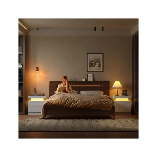 Nightstand Set of 2 LED Nightstand with 2 Drawers, Bedside Table with Drawers for Bedroom Furniture, Side Bed Table with LED Light, White