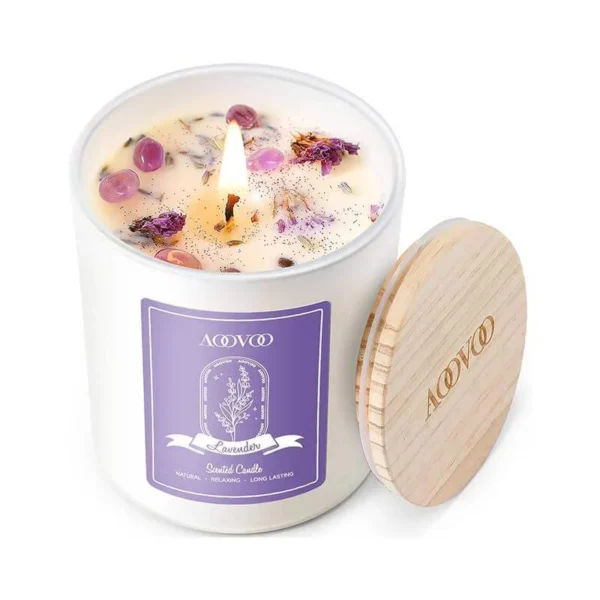 AOOVOO Lavender Scented Candles for Women – Aromatherapy Candle with Crystals Inside, 10oz Soy Candles for Home Scented, Christmas Birthday Gifts Candle for Women Mom